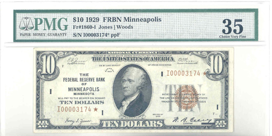 1929 $10.00 Minneapolis Star.  PMG VF-35.