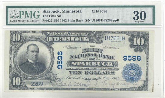 1902 $10.00. Starbuck, Minnesota Blue Seal. PMG VF-30.