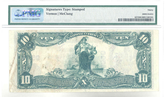 1902 $10.00. Starbuck, Minnesota Blue Seal. PMG VF-30.