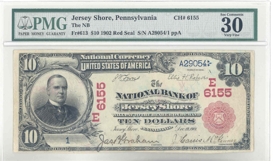 1902 $10.00. Jersey Shore, Pennsylvania Serial Number 1 Red Seal. PMG VF-30.