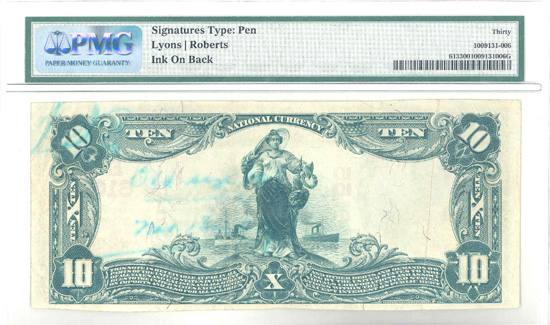 1902 $10.00. Jersey Shore, Pennsylvania Serial Number 1 Red Seal. PMG VF-30.