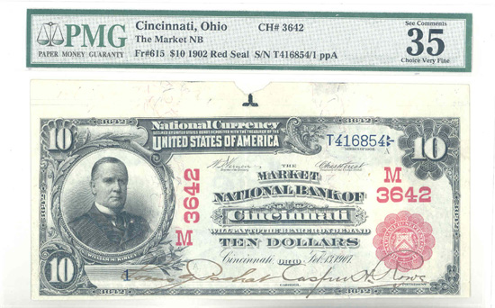 1902 $10.00. Cincinnati, OH Serial Number 1 Red Seal. PMG VF-35.