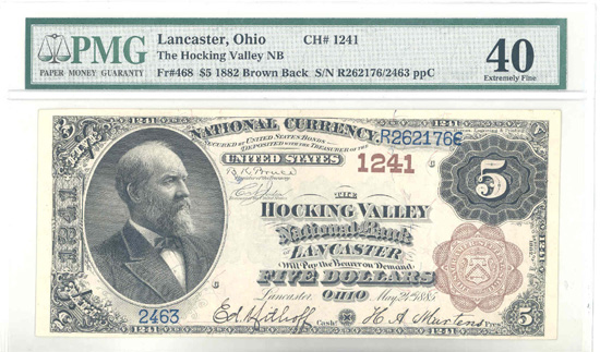 1882 $5.00. Lancaster, OH Brown Back. PMG XF-40.