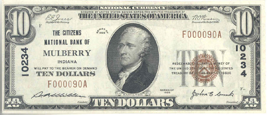 1929 $10.00. Mulberry, IN Ty. 1. AU.