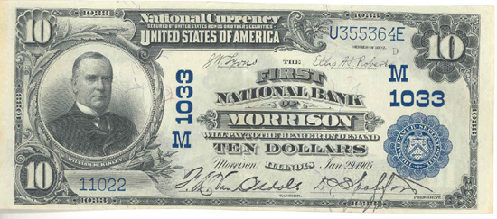 1902 $10.00. Morrison, IL Blue Seal. XF.