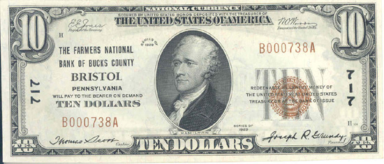 1929 $10.00. Bristol, PA Ty. 1. AU.