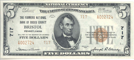 1929 $5.00. Bristol, PA Ty. 2. CHCU.