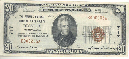 1929 $20.00. Bristol, PA Ty. 1. XF.