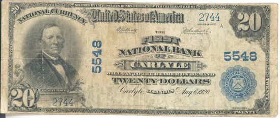 1902 $20.00. Carlyle, IL Blue Seal. F.