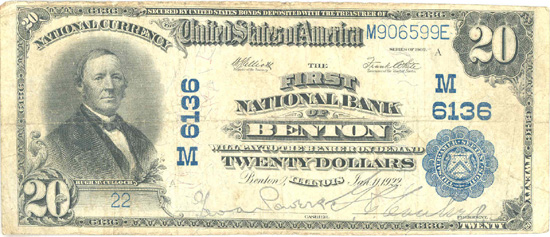 1902 $20.00. Benton, IL Blue Seal. F.