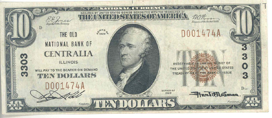 1929 $10.00. Centralia, IL Ty. 1. VF.