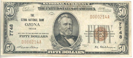 1929 $50.00. Ozona, TX Ty. 1. F.