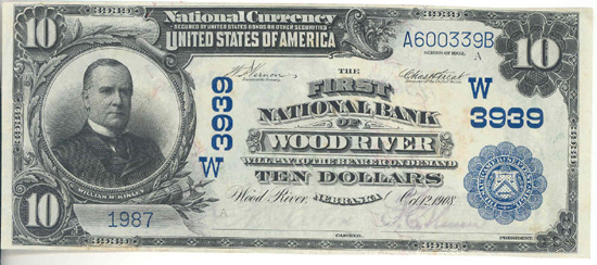 1902 $10.00. Wood River, NE Date Back Blue Seal. XF.