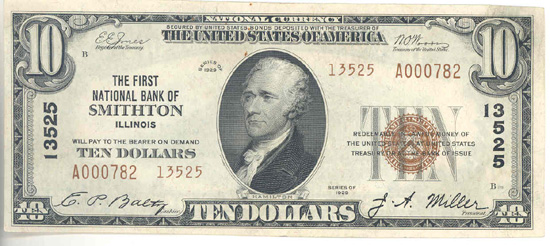 1929 $10.00. Smithton, IL Ty. 2. AU.