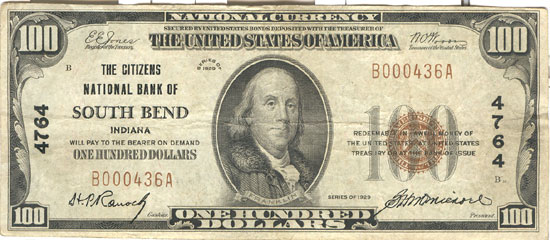 1929 $100.00. South Bend, IN Ty. 1. F.