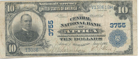 1902 $100.00. Attica, IN Blue Seal. F.