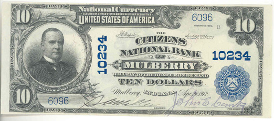 1902 $10.00. Mulberry, IN Blue Seal. XF.