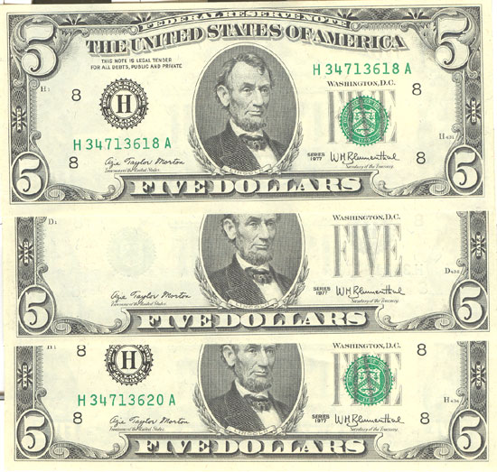 Three 1977 $5.00 St. Louis.  CHCU.