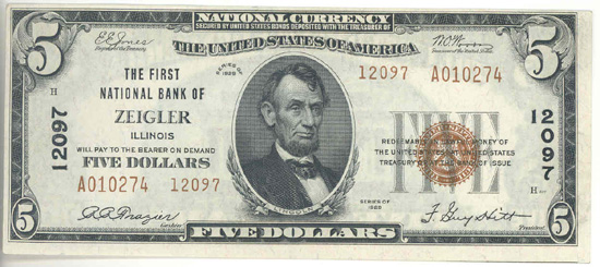 1929 $5.00. Zeigler, IL Ty. 2. CU.