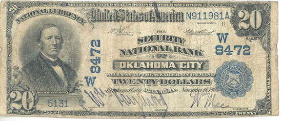 1902 $20.00. Oklahoma City, OK Date Back Blue Seal. Good/VG.