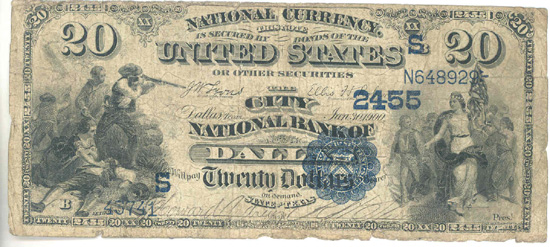 1882 $20.00. Dallas, TX Date Back. Good.