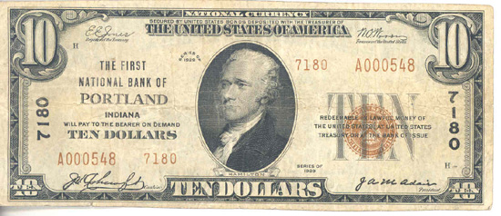 1929 $10.00. Portland, IN Ty. 2. F.