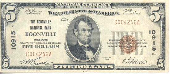 1929 $5.00. Boonville, MO Ty. 1. VF.