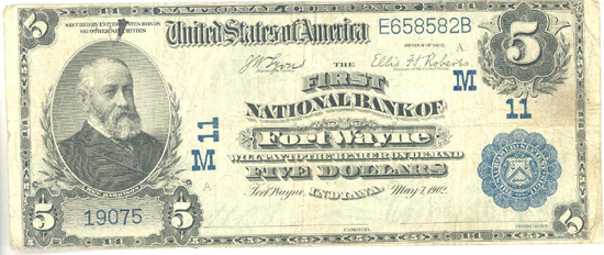 1902 $5.00. Fort Wayne, IN Blue Seal Date Back. F.