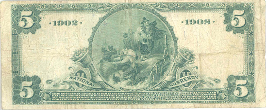 1902 $5.00. Fort Wayne, IN Blue Seal Date Back. F.