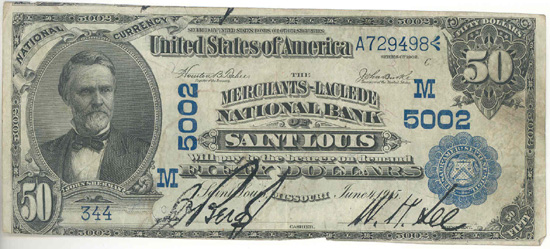 1902 $50.00. Saint Louis, MO Date Back Blue Seal. F.