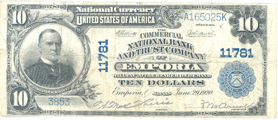 1902 $10.00. Emporia, KS Blue Seal. F.