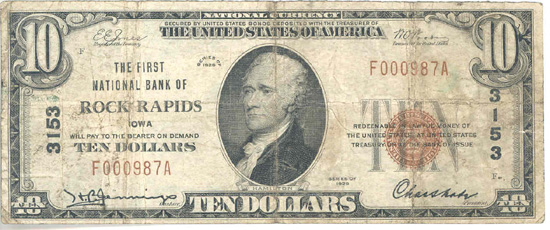 1929 $10.00. Rock Rapids, IA Ty. 1. F.