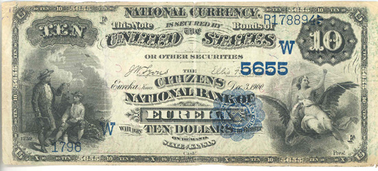 1882 $10.00. Eureka, KA Date Back. F.