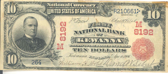 1902 $10.00. Kewanna, IN Red Seal. F.