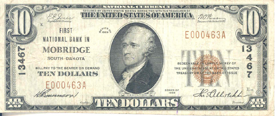 1929 $10.00. Mobridge, SD Ty. 1. F.