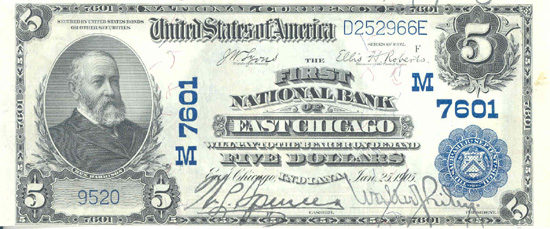 1902 $5.00. East Chicago, IN Blue Seal. XF.