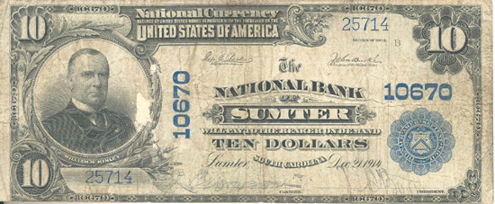 1902 $10.00. Sumter, SC Blue Seal. VG.