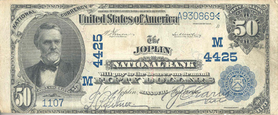 1902 $50.00. Joplin, MO Date Back Blue Seal. F.