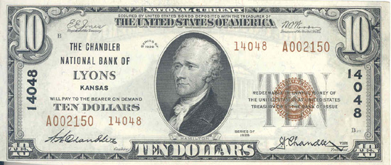 1929 $10.00. Lyons, KS Ty. 2. CHCU.