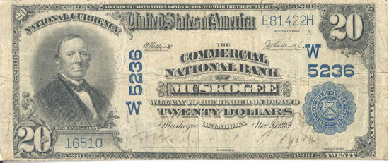 1902 $20.00. Muskogee, OK Blue Seal. VG.