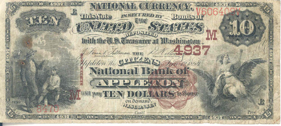 1882 $10.00. Appleton, WI Brown Back. F.