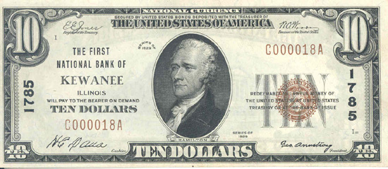 1929 $10.00. Kewanee, IL Ty. 1. AU.