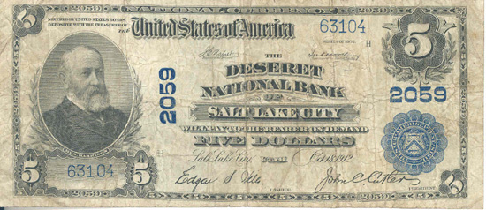 1902 $5.00. Salt Lake City, UT Blue Seal. VG.