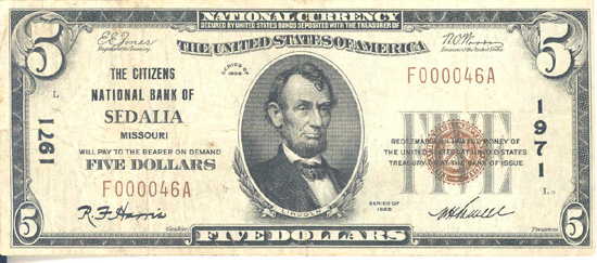 1929 $5.00. Sedalia, MO Ty. 1. F.