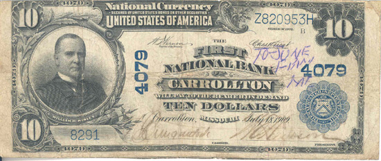 1902 $10.00. Carrollton, MO Blue Seal. VG.