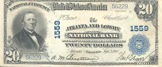 1902 $20.00. Atlanta, GA Blue Seal. VF.