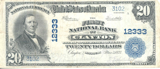 1902 $20.00. Clayton, MO Blue Seal. F.