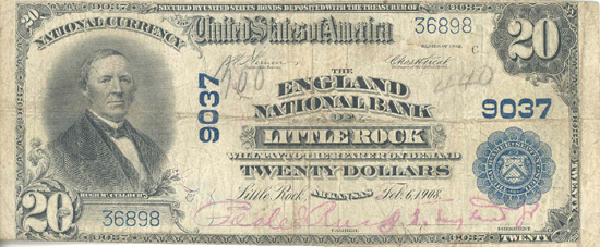 1902 $20.00. Little Rock, AR Blue Seal. VG.