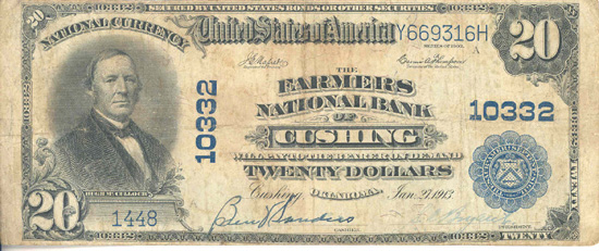 1902 $20.00. Cushing, OK Blue Seal. F.