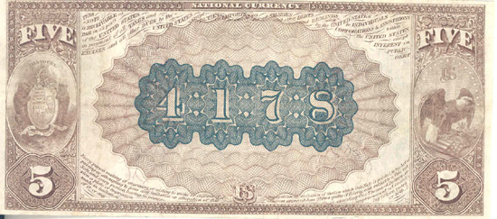 1882 $5.00. St. Louis, MO Brown Back. XF.